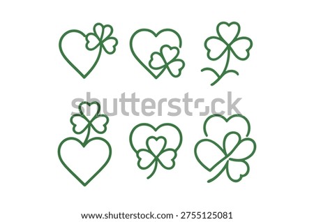 Simple green line art depicting hearts intertwined with four-leaf clovers.