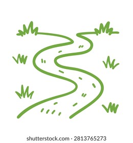 A simple green line art drawing of a curvy road surrounded by small patches of grass on a white background