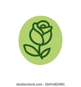 Simple green line art of a rosebud in a light green circle
