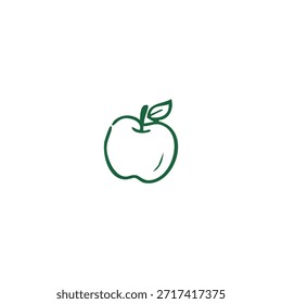 Einfache grüne Linie Zeichnung eines Apfels mit einem Blatt auf schwarz-weißem Hintergrund