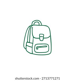 A simple green line drawing of a backpack on a white background.