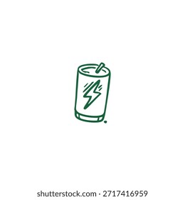 Desenho de linha verde simples de uma lata com palha e raio