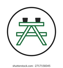 Um simples desenho de linha verde mostra uma mesa de piquenique estilizada dentro de uma borda circular. O desenho pretende representar um lugar acolhedor para reuniões ao ar livre e recreação, convidando sentimentos de