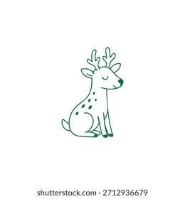 A simple green line drawing of a sitting deer with closed eyes and spots on its body.