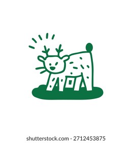 Um simples desenho de linha verde de um veado manchado com chifres está sobre a grama.