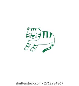 Un simple dibujo de línea verde de un tigre estilizado acostado sobre un fondo blanco.