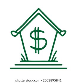 A simple green line icon of a house featuring a prominent dollar sign in the center, symbolizing financial concepts such as mortgage, real estate investment, or home financing.