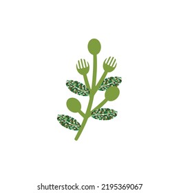 Simple green logo. Organic food concept. Fork and spoon logotype with sequin elements. Fresh food menu.