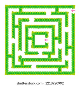 A simple green maze of leaves. Game for kids. Puzzle for children. One entrance, one exit. Labyrinth conundrum. Flat vector illustration isolated on white background