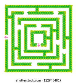 A simple green maze of leaves. Game for kids. Puzzle for children. One entrance, one exit. Labyrinth conundrum. Flat vector illustration isolated on white background