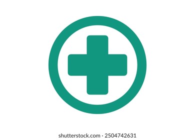 A simple green medical cross icon enclosed in a circular border. The minimalist design represents healthcare, medical services, or first aid. Ideal for health-related applications