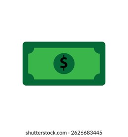 Simple green money icon with a dollar symbol on a white background. Ideal for financial apps, business graphics, budgeting tools, or economic and savings illustrations.