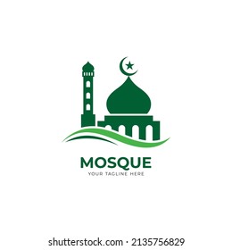 simple green mosque logo design, modern islamic logo with wavy element template vector
