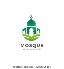 diseño del logo de la mezquita verde simple, símbolo islámico moderno con mezquita y vector de forma libro