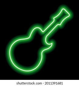 Simple green neon guitar silhouette on a black background. Vector illustration