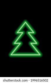 Simple green neon shape of a Christmas tree on a black background. Vector illustration