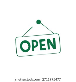 Un simple letrero verde "OPEN" cuelga de un gancho sobre un fondo blanco, lo que indica que un negocio está listo para los Clientes.