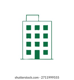 Un simple dibujo de contorno verde de un edificio de varios pisos con múltiples ventanas y una puerta central sobre un fondo blanco.