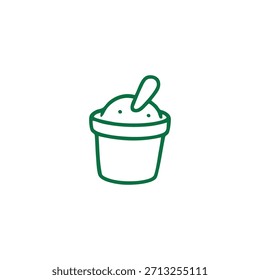 Icono de contorno verde simple de una taza que contiene una cucharada de helado o yogur con una cuchara.