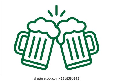 A simple green outline icon depicting two beer mugs clinking together in a toast, symbolizing celebration and good times with frothy tops.