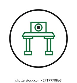 Um simples contorno verde de um pódio é apresentado dentro de um círculo branco. O design cria uma estética minimalista e moderna. Este ícone é adequado para vários usos gráficos, especialmente em