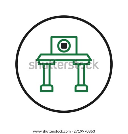 A simple green outline of a podium is presented within a white circle. The design creates a minimalist and modern aesthetic. This icon is suitable for various graphical uses, especially within