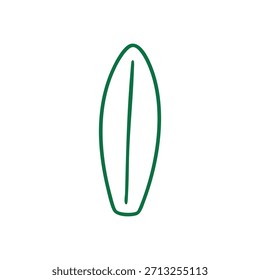 A simple green outline of a surfboard is displayed vertically on a clean white background.