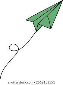 Um simples avião de papel verde sobe para cima, seguindo uma delicada linha de loop evocando sonhos de voo e viagens