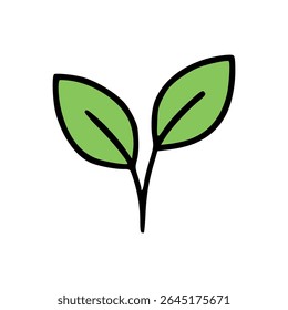 Simple Green Plant Icon with Two Fresh Leaves and Black Outline on White Background