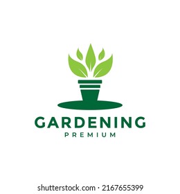 simple green plant with pot gardening logo design vector graphic symbol icon illustration creative idea