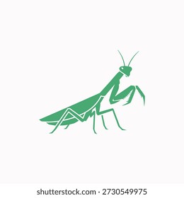 simple green praying mantis illustration on white background, minimalist insect design