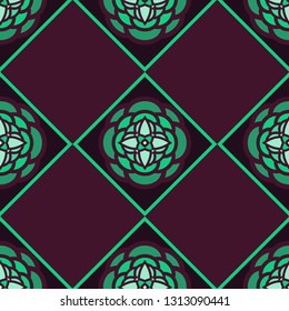 Simple green and purple seamless pattern. Vector design with symmetric green simple flowers on purple squares.