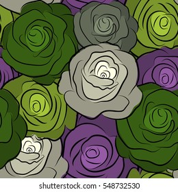 Simple green and purple vector roses seamless pattern.
