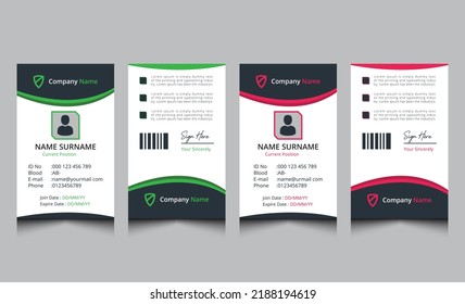 Diseño sencillo de tarjetas de identificación de negocios en verde y rojo. Limpiar el diseño de la plantilla de la tarjeta de identificación corporativa. Plantilla de tarjeta de identidad de empleado. Diseño moderno de tarjetas de identificación.