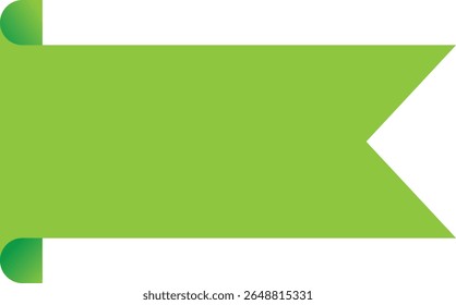 Simple green ribbon banner vector with pointed right edge and rounded left corners, ideal for labels, tags, web elements, promotions, and minimal design graphics in digital or print use.

