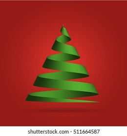 Simple green ribbon in a shape of Christmas tree. Merry Christmas theme. 3D vector illustration with dropped shadow and red gradient background.