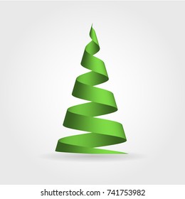 Simple green ribbon in shape Christmas tree  Merry Christmas theme  3D vector illustration and dropped shadow   gradient background 