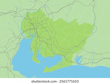 Simple green road map of Aichi Prefecture and neighboring prefectures in Japan.