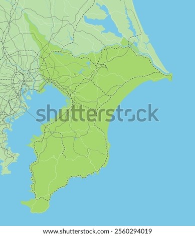 Simple green road map of Chiba Prefecture and neighboring prefectures in Japan.