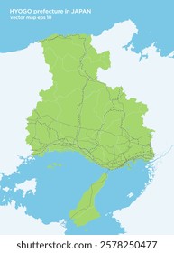 A simple green road map of Hyogo Prefecture, Japan.