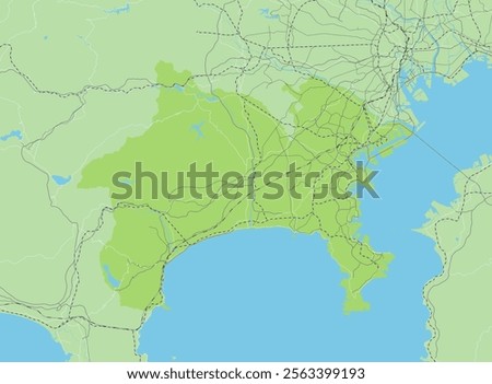 Simple green road map of Kanagawa Prefecture and neighboring prefectures in Japan.