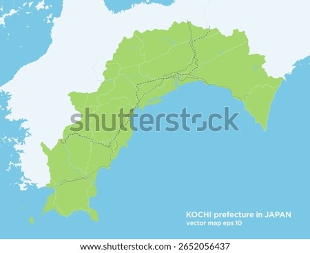 A simple green road map of Kochi Prefecture, Japan.