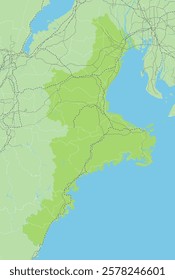 Simple green road map of Mie Prefecture and neighboring prefectures in Japan.