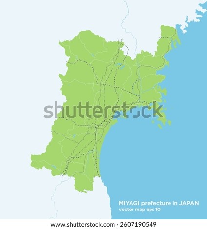 Simple green road map of Miyagi prefecture in Japan.