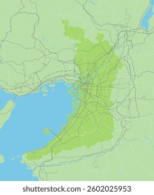 A simple green road map of Osaka, Japan, including the neighboring prefectures. 