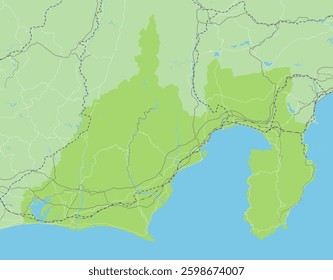 Simple green road map of Shizuoka Prefecture and neighboring prefectures in Japan.