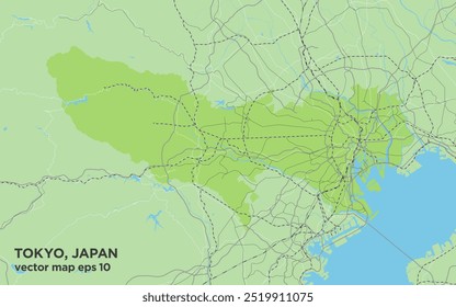 Um simples mapa rodoviário verde de Tóquio, Japão, incluindo as prefeituras vizinhas.