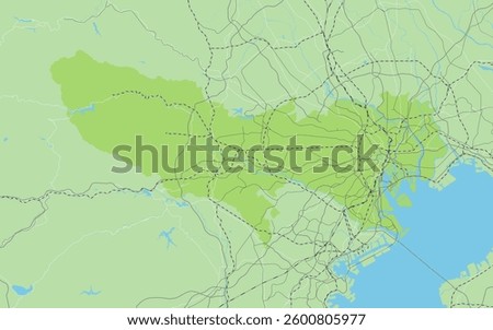 A simple green road map of Tokyo, Japan, including the neighboring prefectures. 