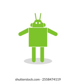 Simple green robot vector illustration with geometric design and antenna, on a clean white background.