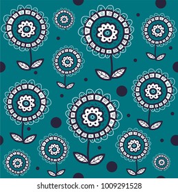 Simple green seamless pattern with flowers. Vector flat illustration
